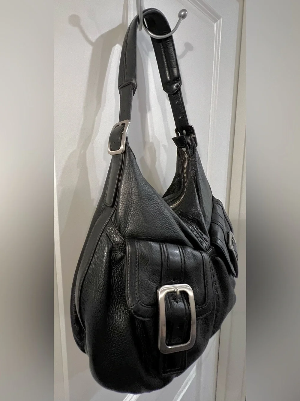 ✨COLE HAAN Y2K Large Black Leather Hobo Slouchy Shoulder Bag Buckles Pockets Zip